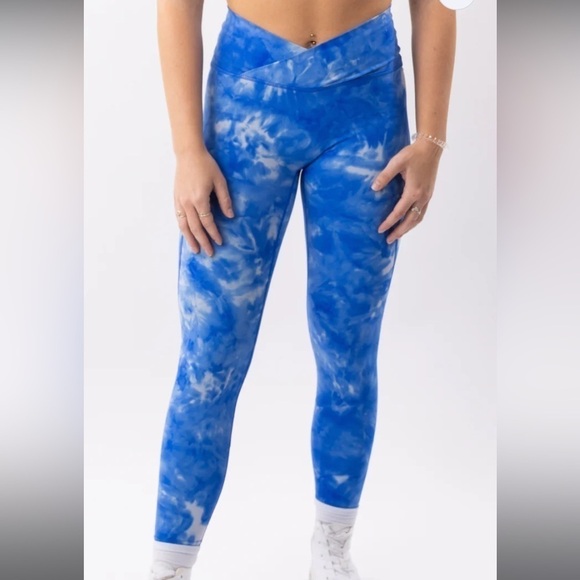 Athlicity Cross Front Full Length High Waist Blue White Tie Dye Leggings Small - Picture 1 of 9